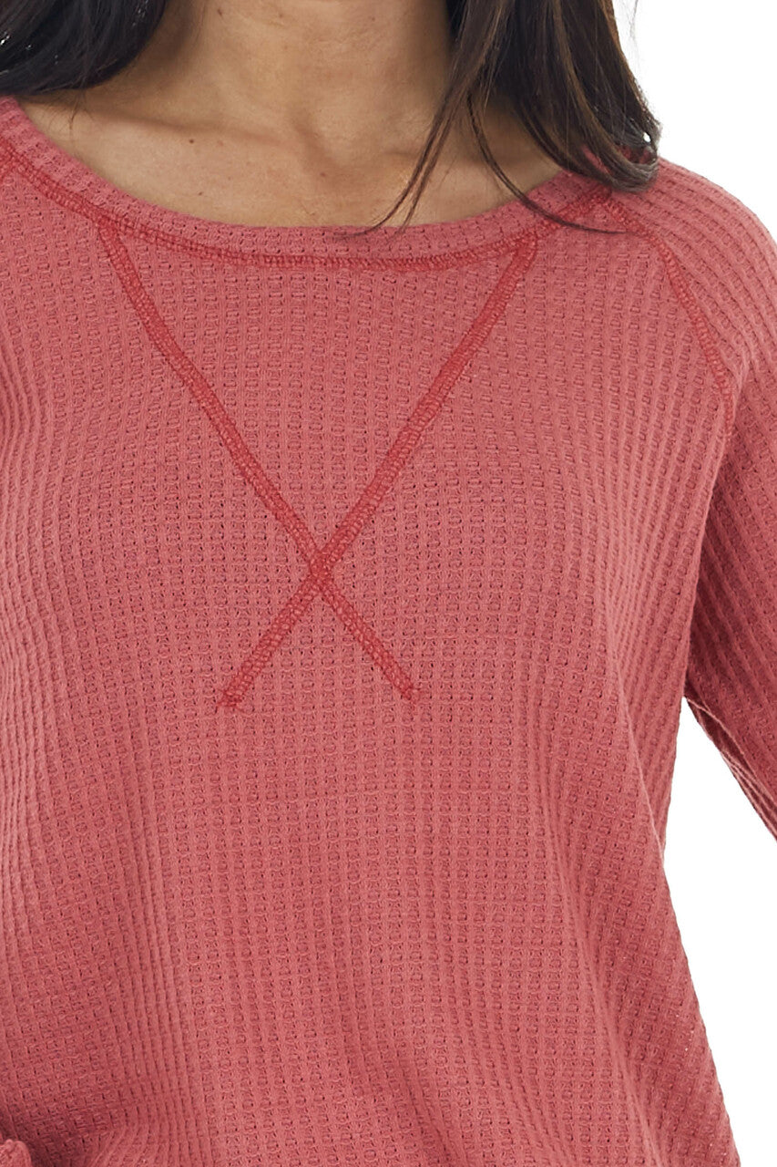 Bright Marsala Waffle Knit Long Sleeve Top with V Stitch