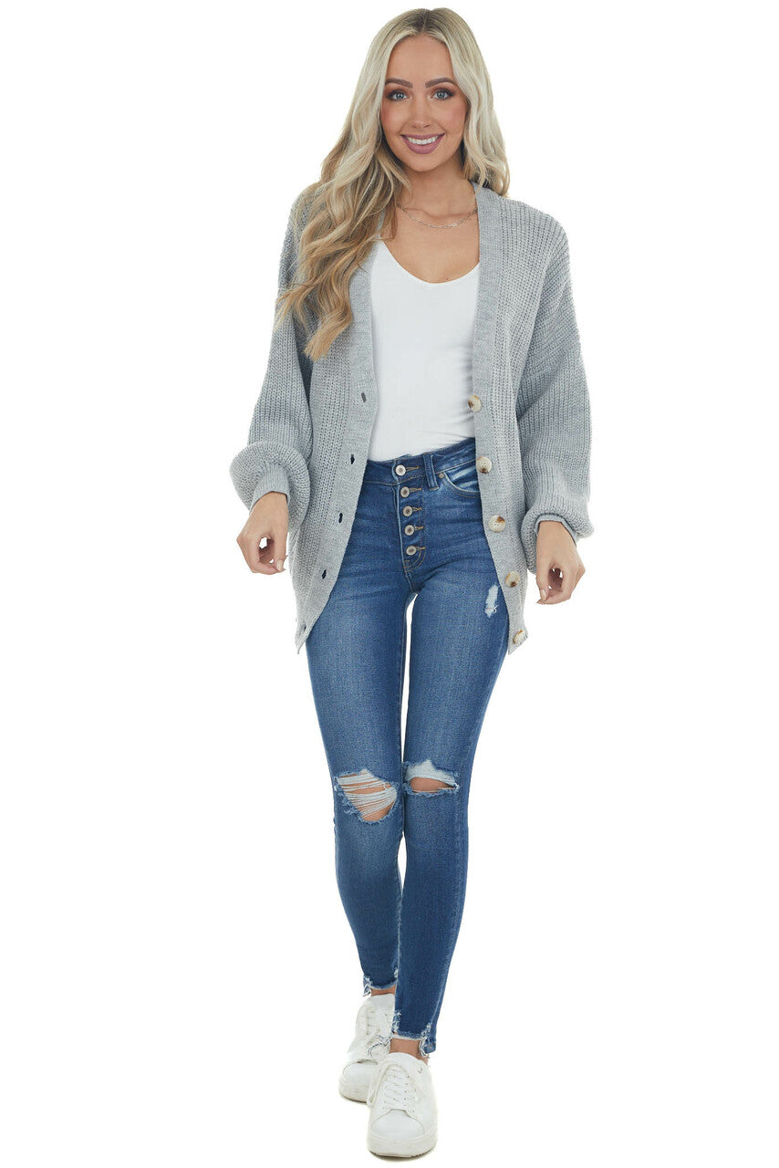 Dove Grey Button Front V Neck Loose Cardigan
