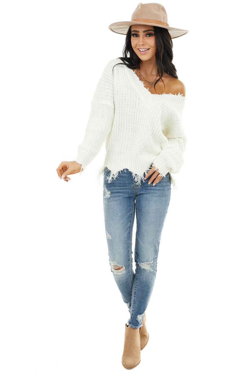 Ivory V Neck Sweater with Distressed Detail