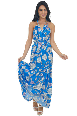 Cobalt Blue Floral Print Maxi Dress