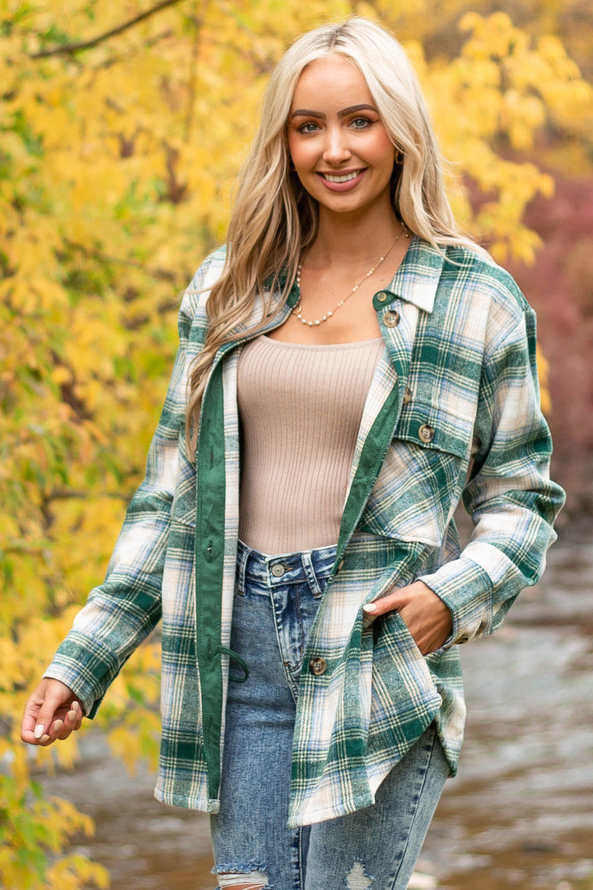 Forest and Cornflower Plaid Shirt Jacket
