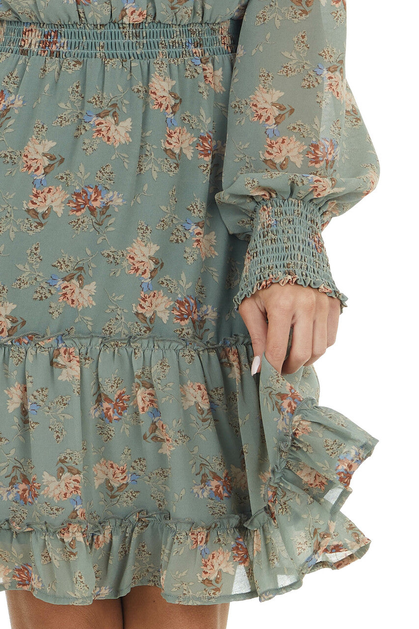 Sage Floral Print Off the Shoulder Short Woven Dress