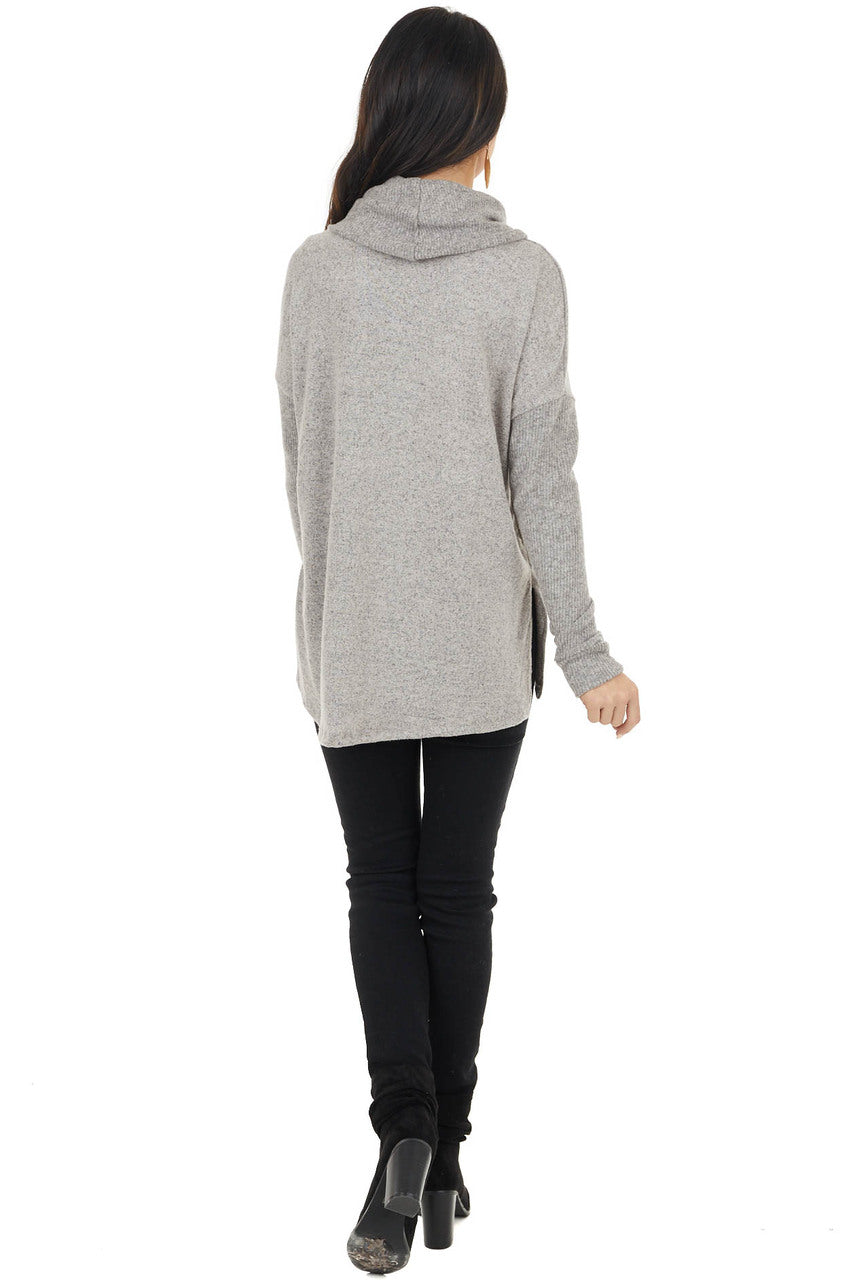 Vintage Taupe Cowl Neck Long Sleeve Top with Ribbed Detail