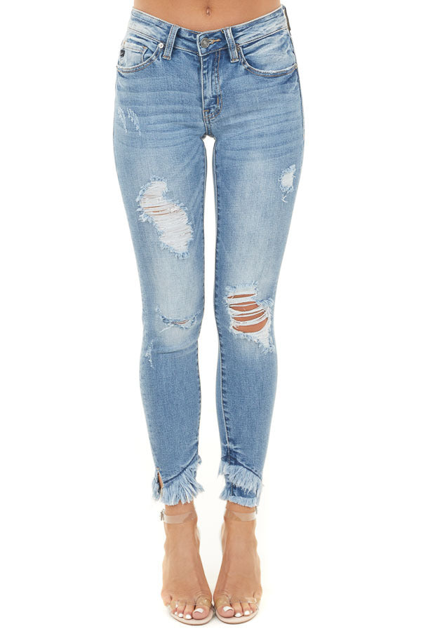 Medium Wash Distressed Mid Rise Skinny Jeans with Frayed Hem