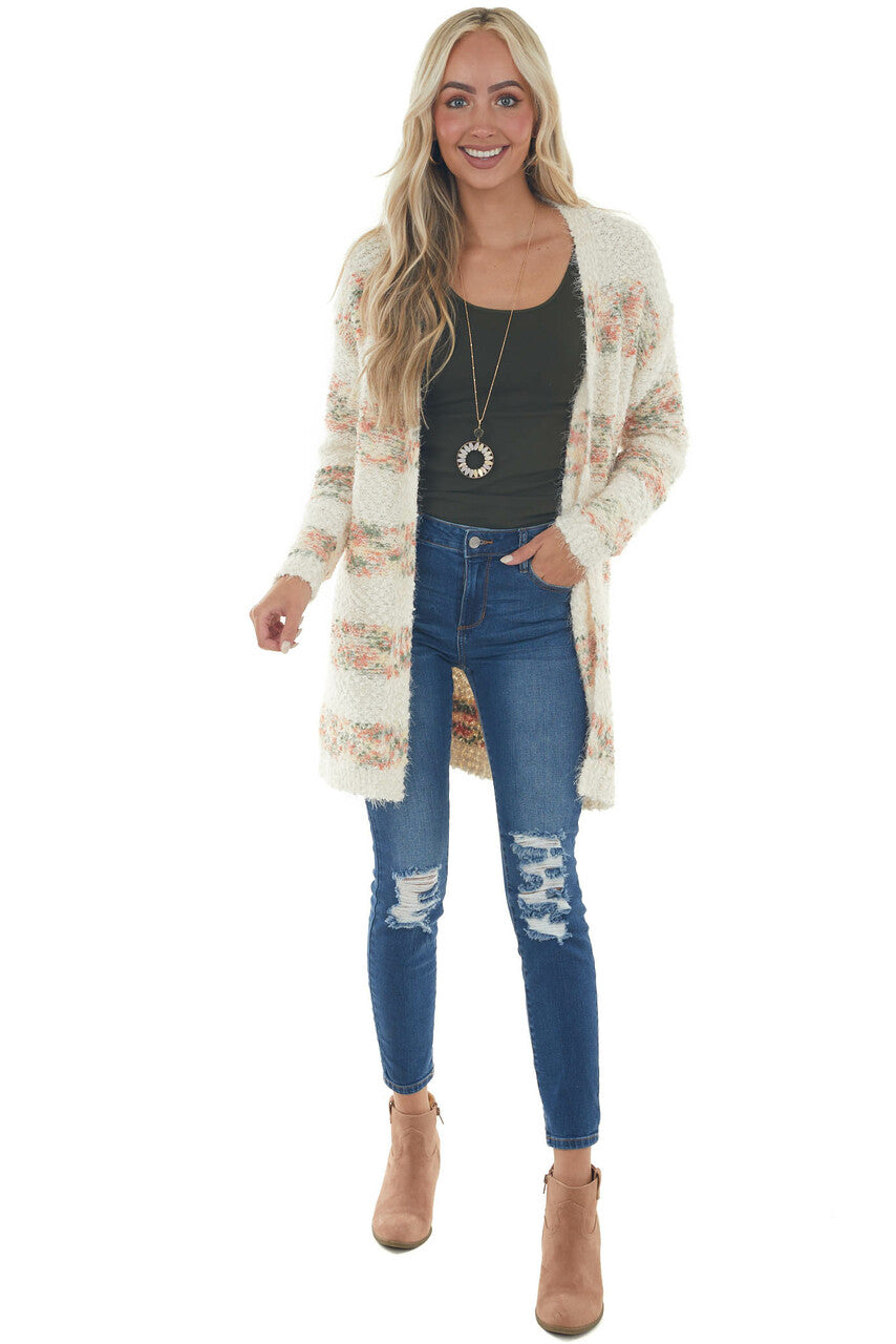 Cream Striped Open Front Popcorn Knit Cardigan 