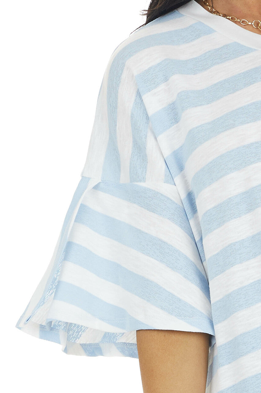 Powder Blue and Eggshell Striped Short Sleeve V Neck Top