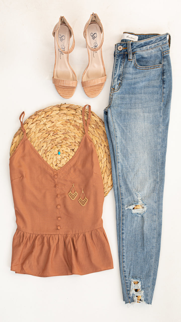 Terracotta Drop Waist Tank Top with Button Details