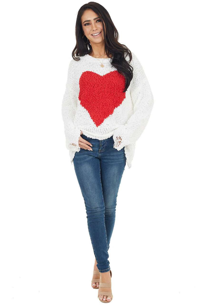 White Long Sleeve Distressed Sweater with Red Heart Detail
