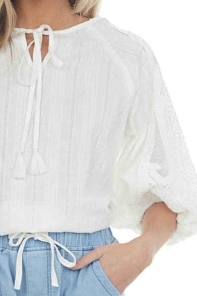 Pearl Split Neck Blouse with Crochet Sleeves