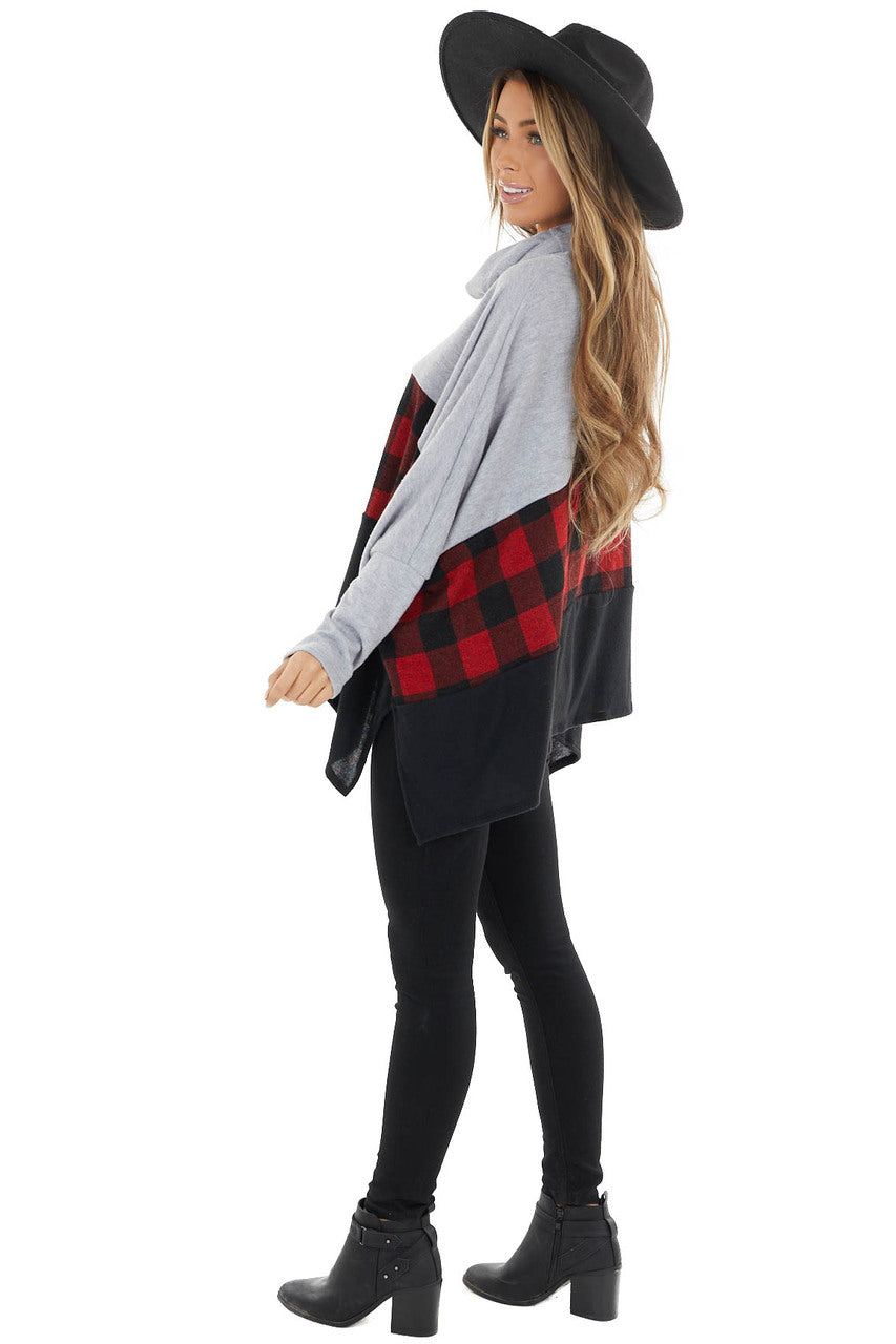 Crimson Red Buffalo Plaid Cowl Neck Long Sleeve Poncho