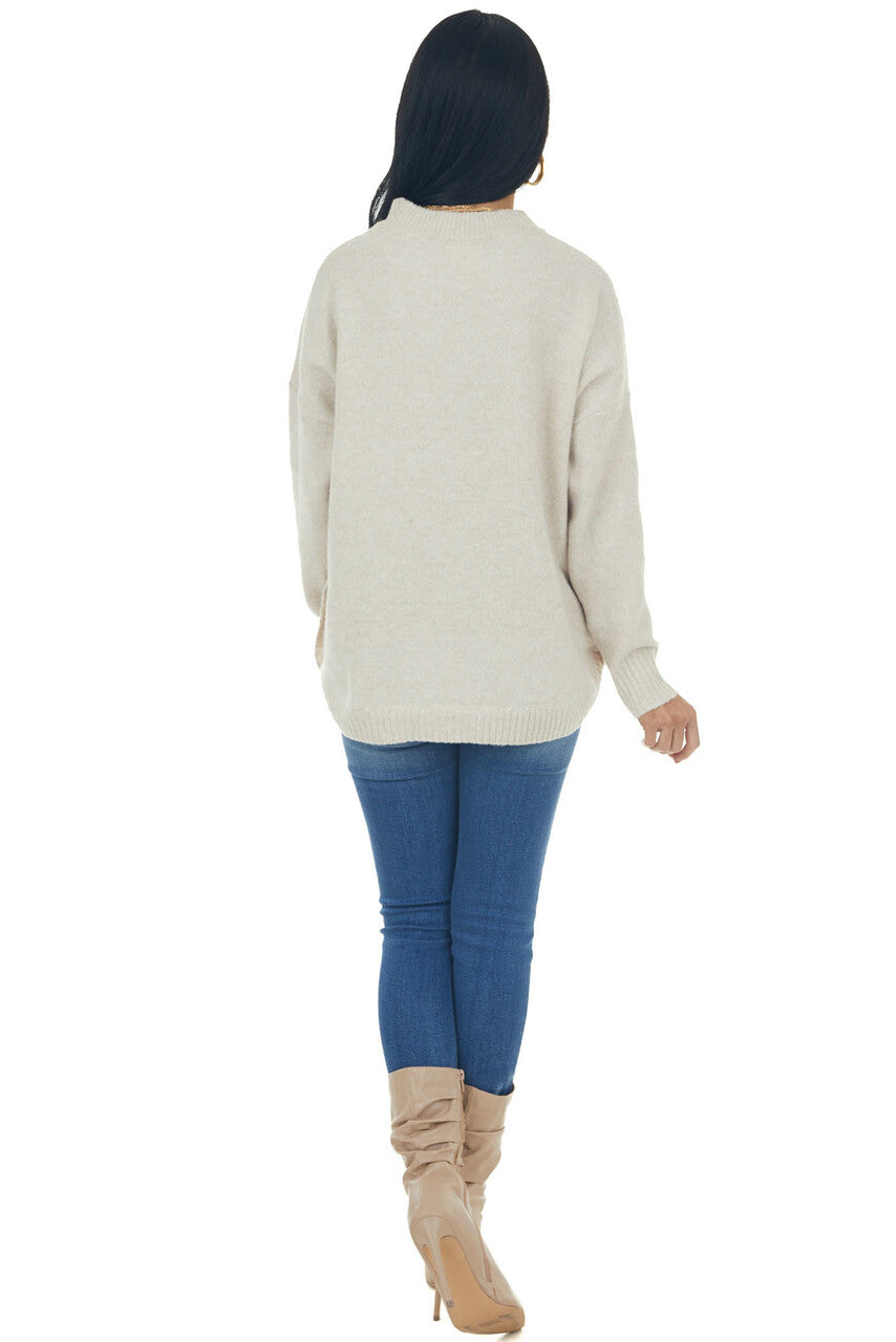 Oatmeal Crew Neck Button Detail Sweater Top