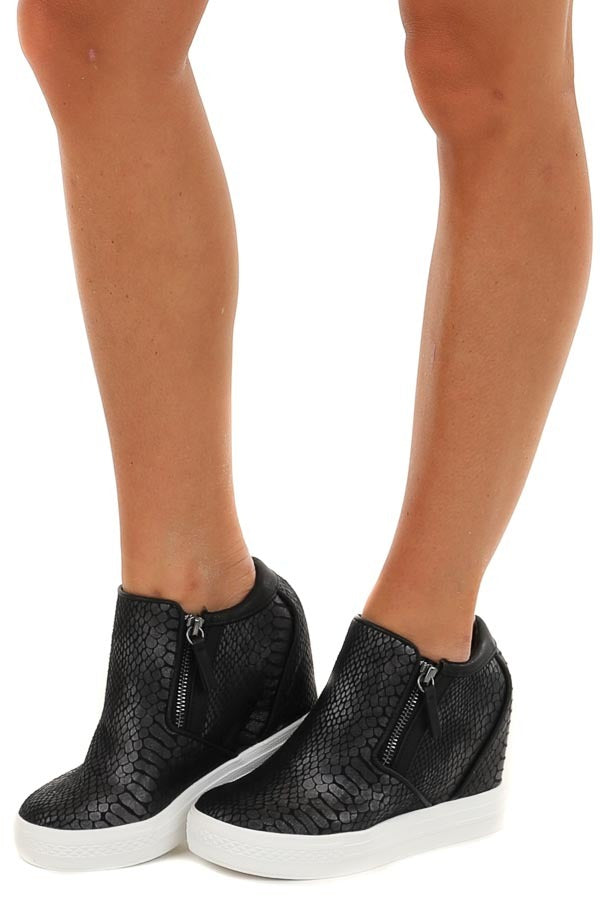 Black Snakeskin Print Textured Wedge Sneaker with Zippers