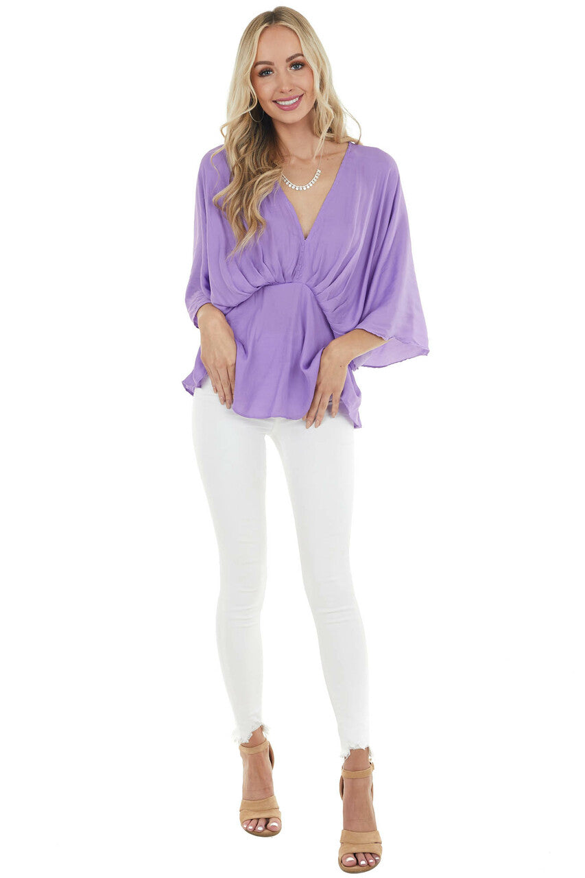Lilac V Neck Drop Waist Blouse with Flutter Sleeves