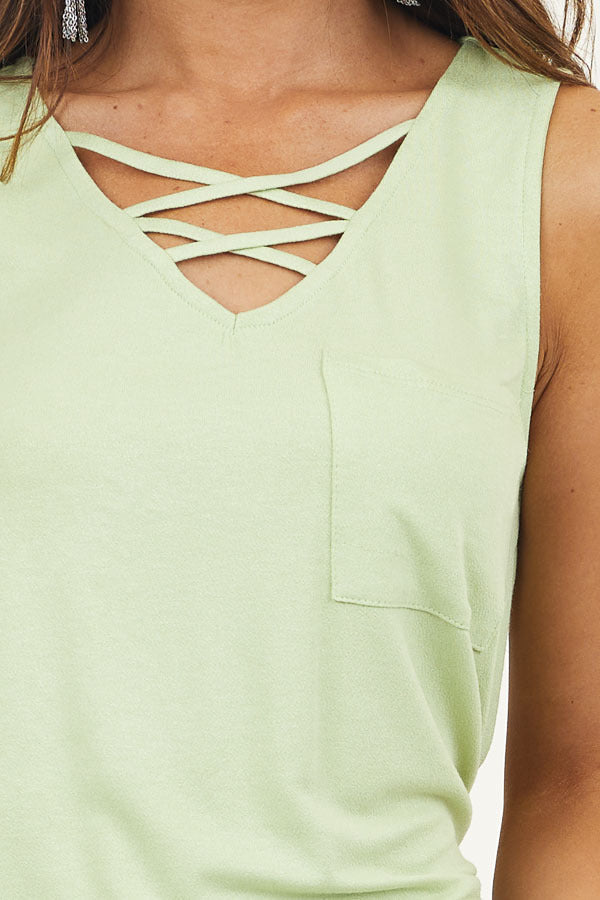 Pistachio Green Tank Top with Pocket and Criss Cross Detail