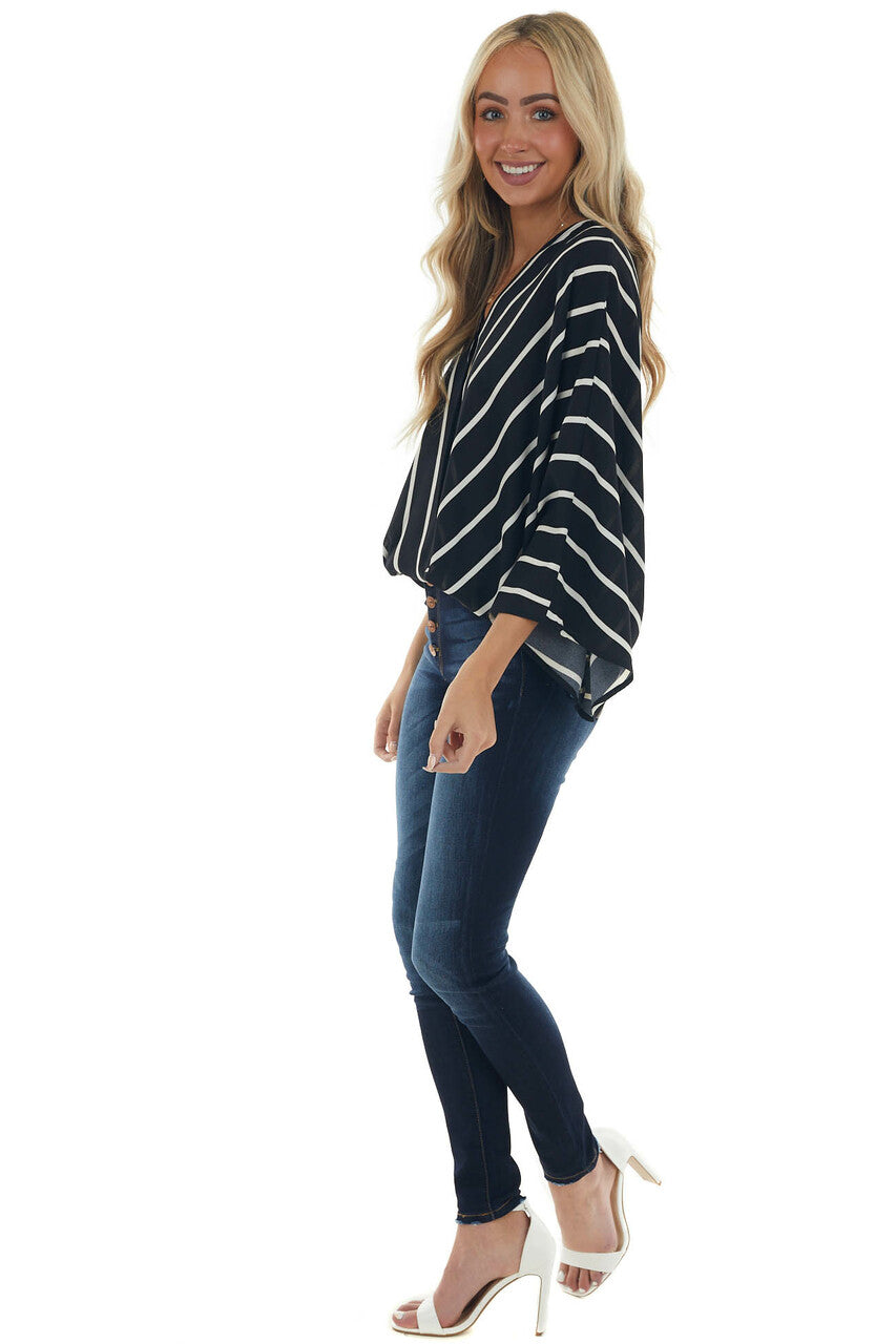 Black and Ivory Striped Surplice Neck Blouse