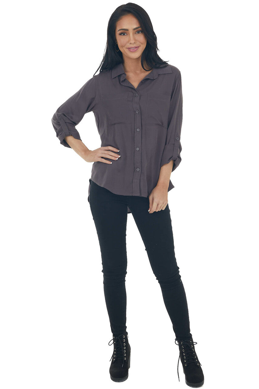 Charcoal Button Down Chest Pocket Collared Shirt