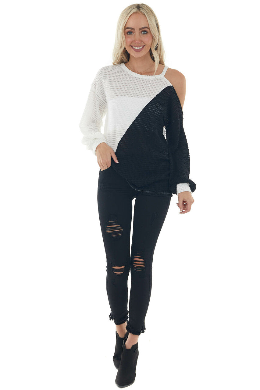 Ivory and Black Single Cold Shoulder Knit Top