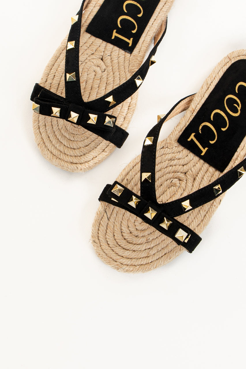Black and Tan Sandal with Bow and Gold Studs