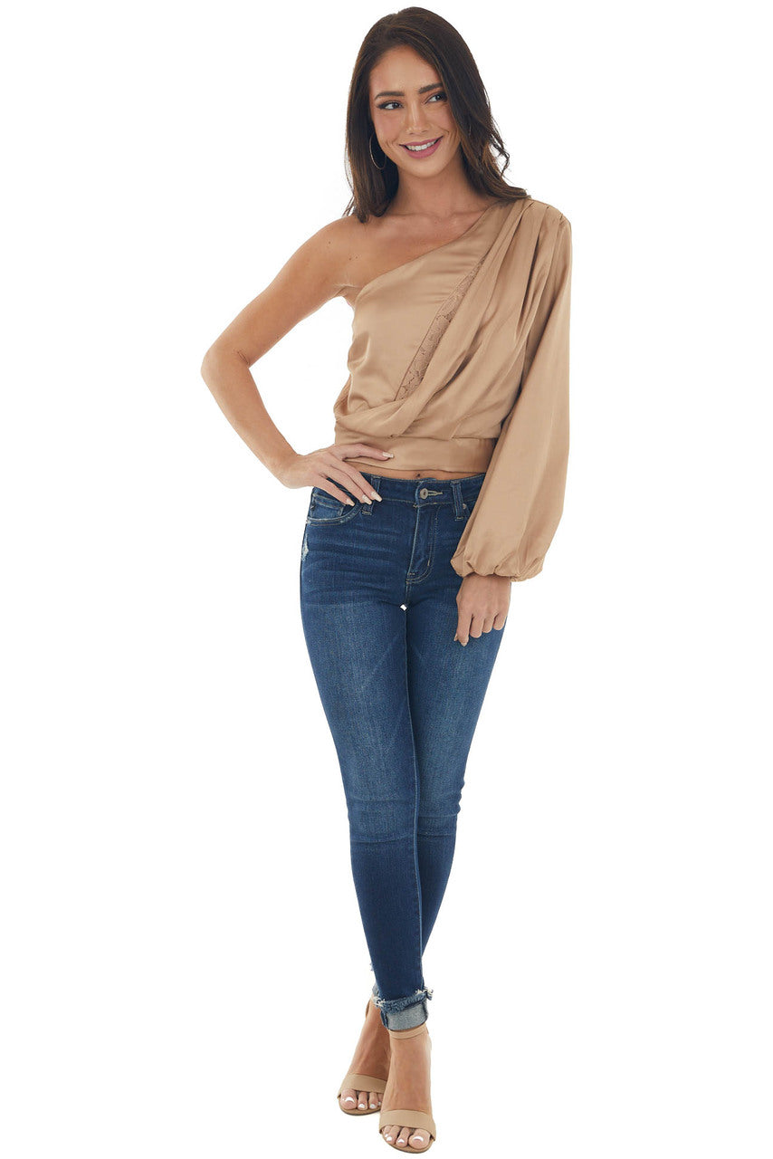 Nude One Shoulder Satin Crop Blouse with Lace 