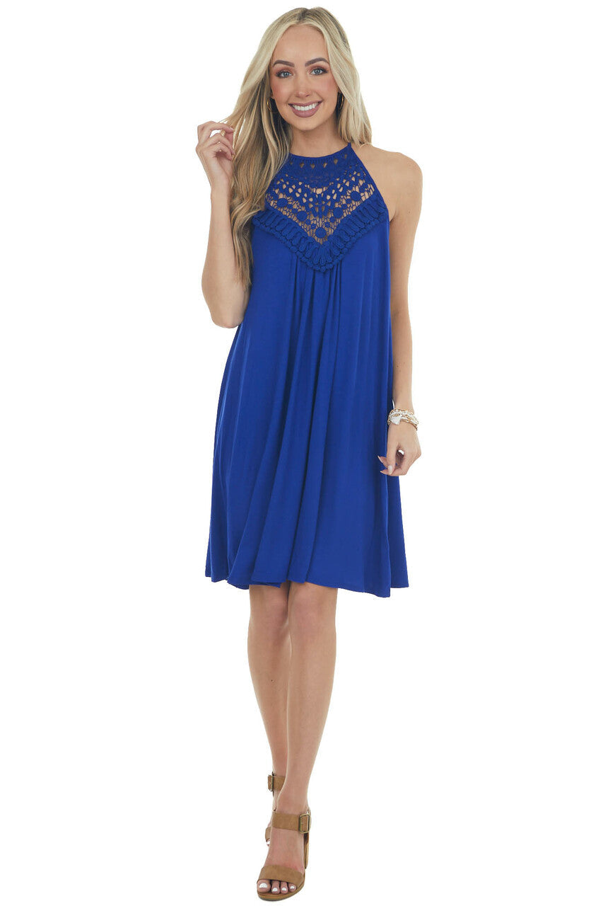 Royal Blue Short Dress with Lace Front and Keyhole Back