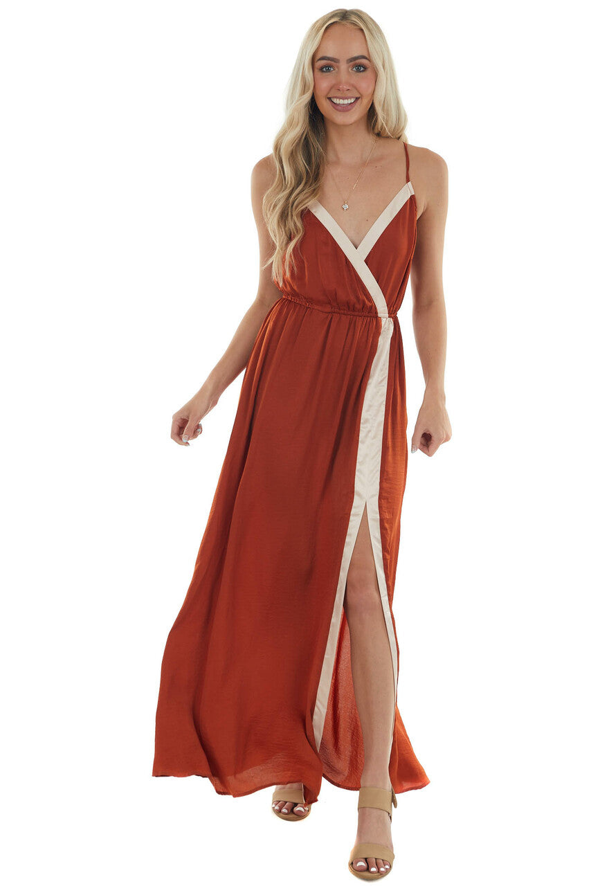 Rust Colorblock Surplice Neck Satin Maxi Dress