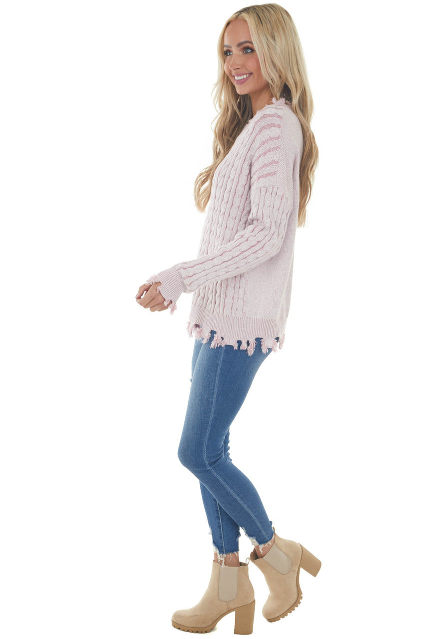 Carnation Cable Knit Distressed Trim Sweater