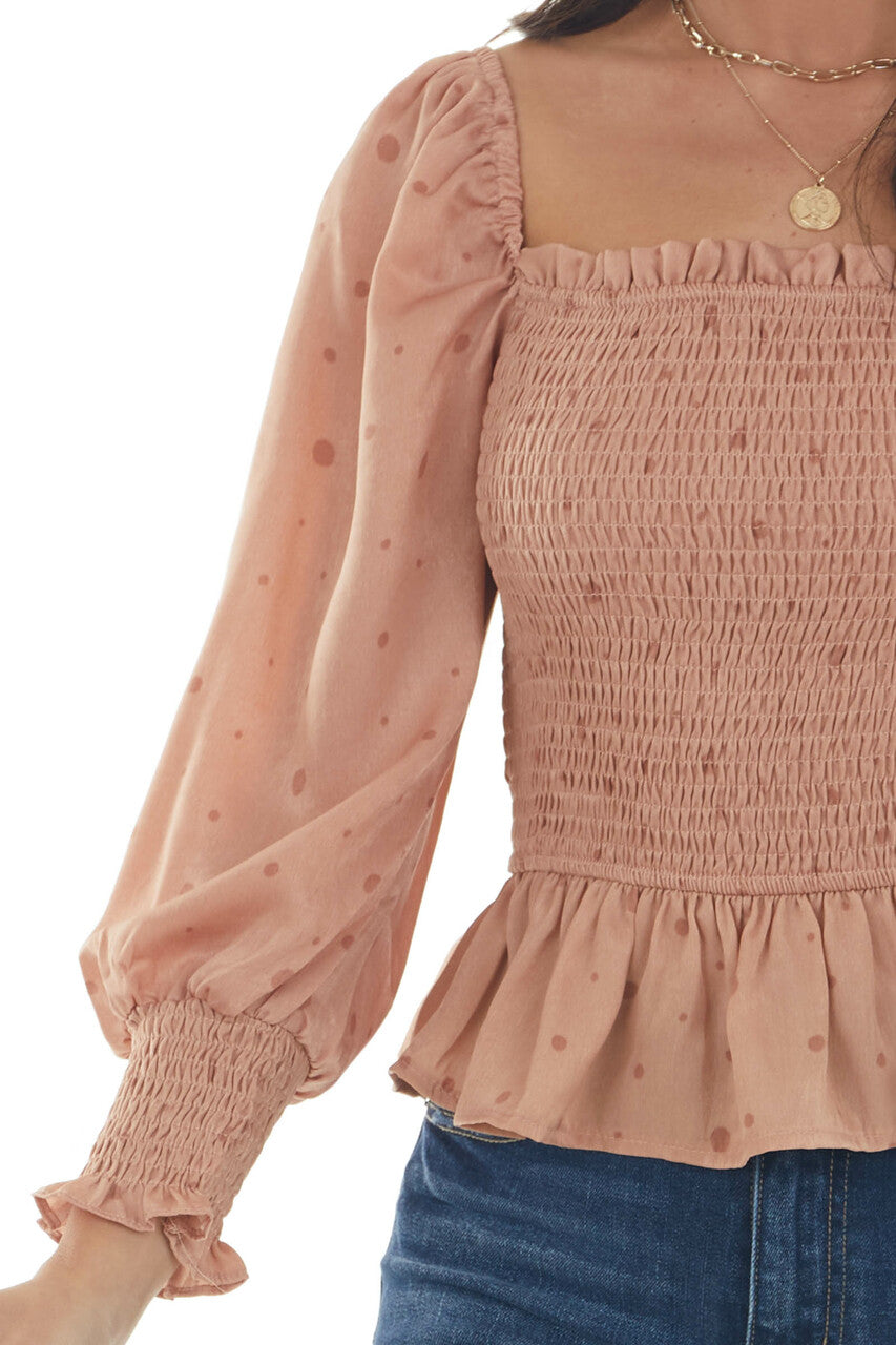 Dark Coral Dotted Smocked Bodice Peplum Blouse