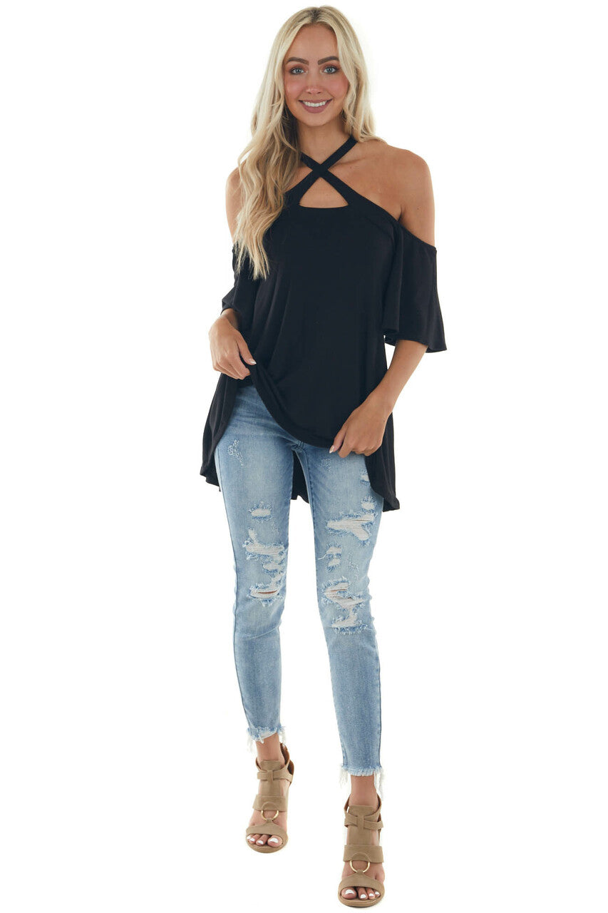Black Flutter Sleeve Cold Shoulder Halter Top