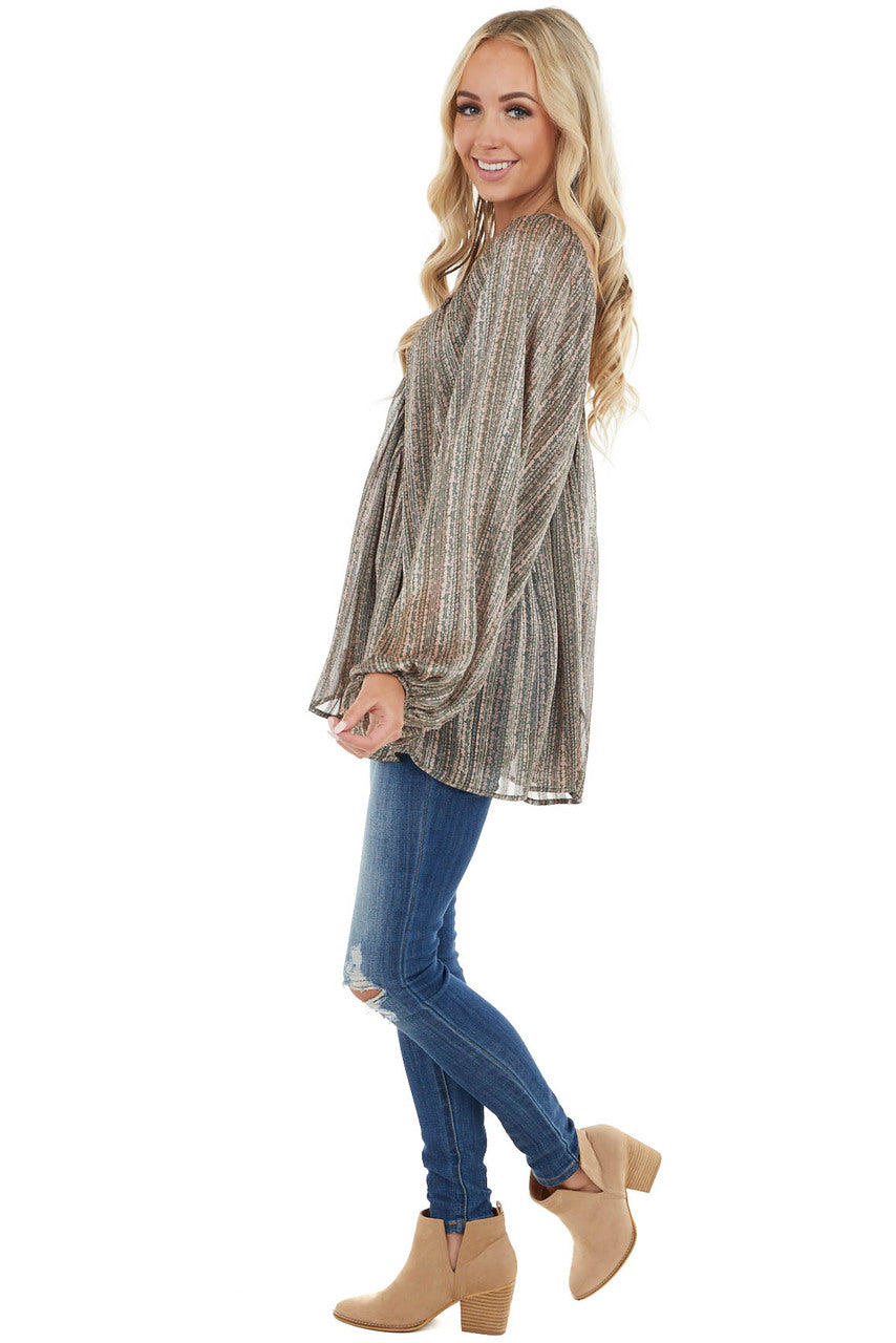 Forest Green Floral Print Long Puff Sleeve Babydoll Top