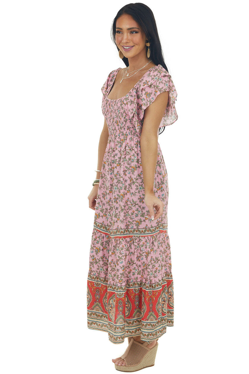 Carnation Floral Print Square Neck Midi Dress 