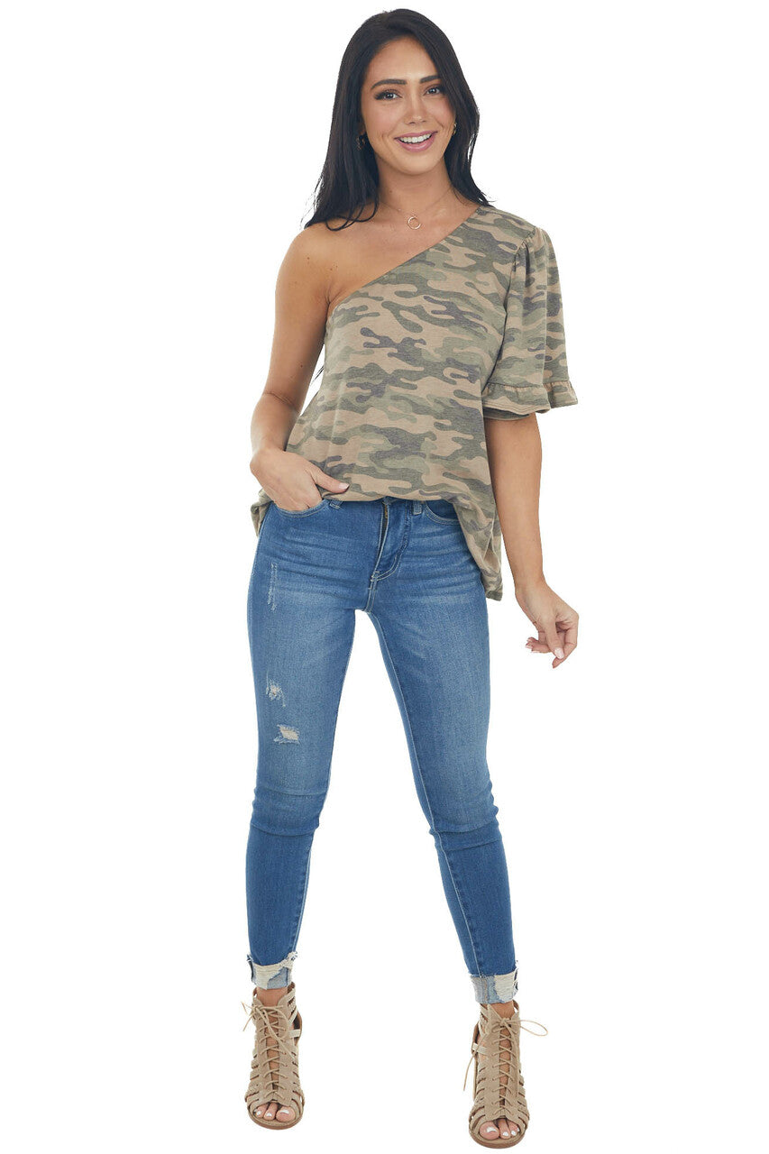 Army Green Camo Print One Shoulder Knit Top