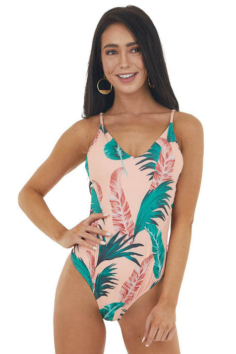 Peach Leaf Print One Piece Swimsuit with Cutout Details