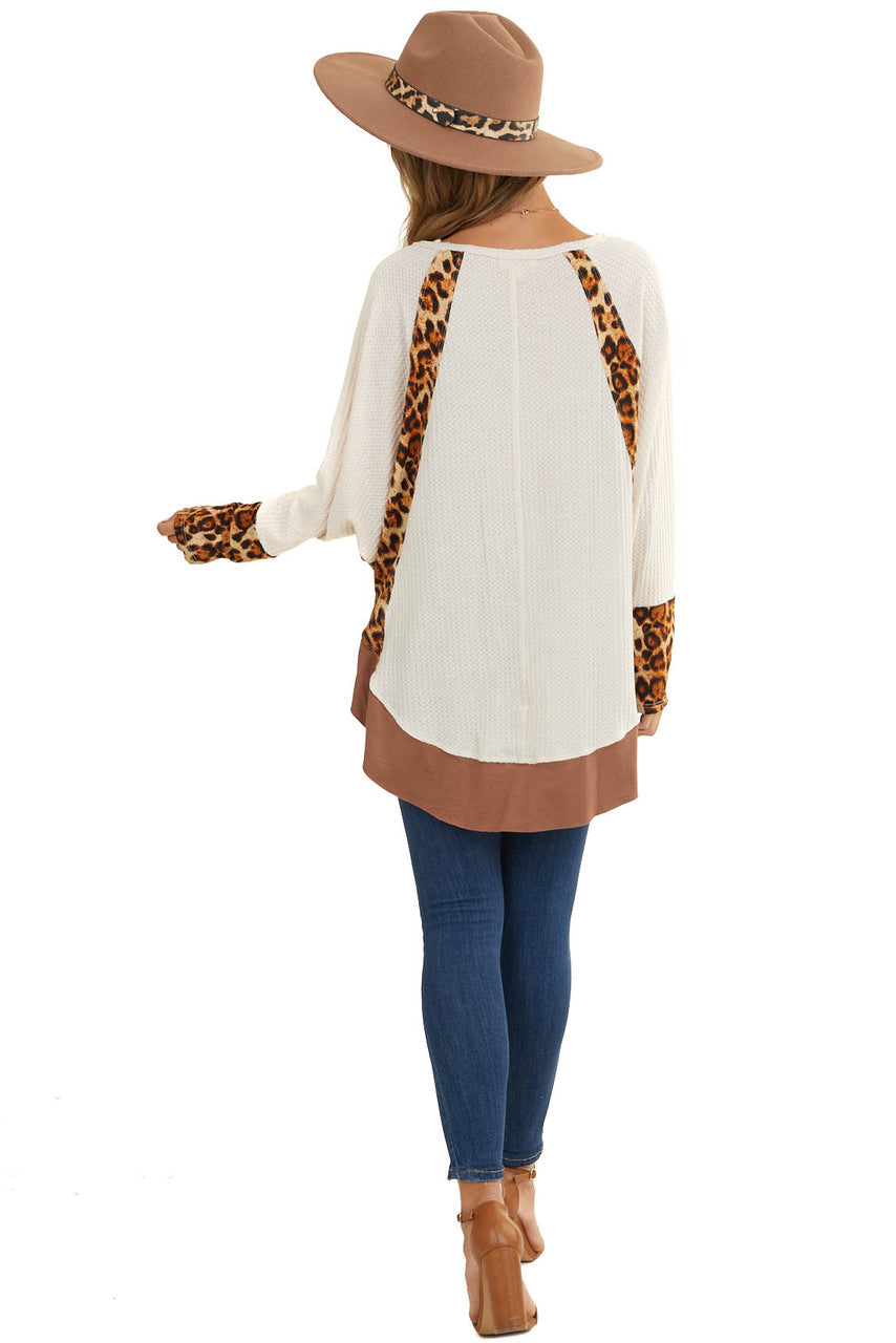 Cream Long Sleeve Waffle Knit Top with Leopard Contrast 
