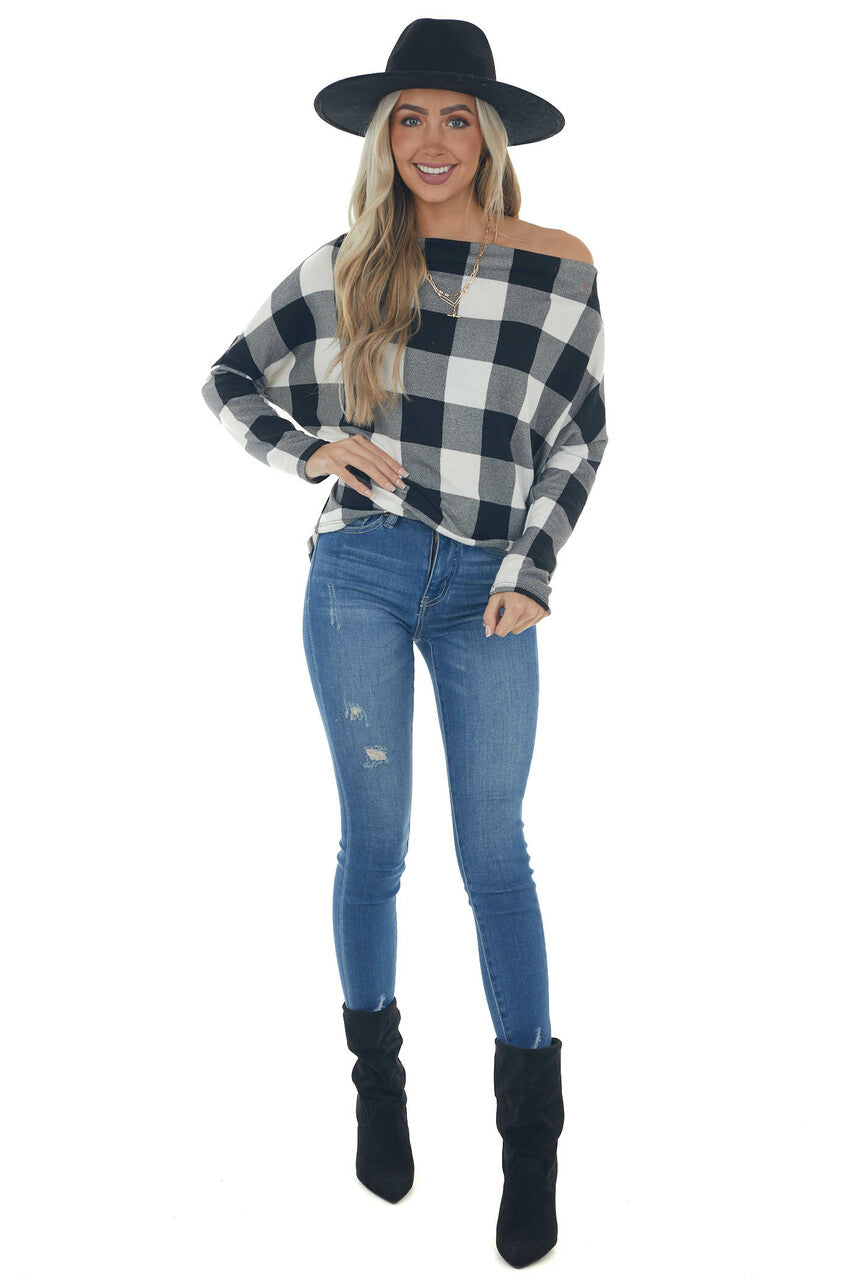 Black Buffalo Plaid Off Shoulder Knit Top 