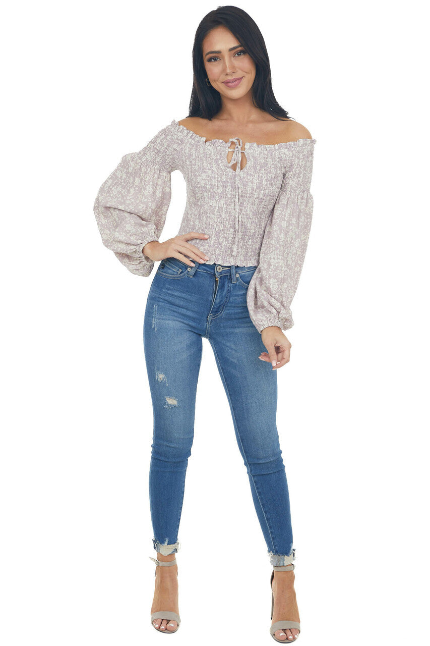 Lilac and Ivory Printed Smocked Off the Shoulder Blouse