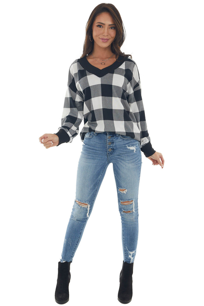 Off White Buffalo Plaid Long Sleeve Knit Top