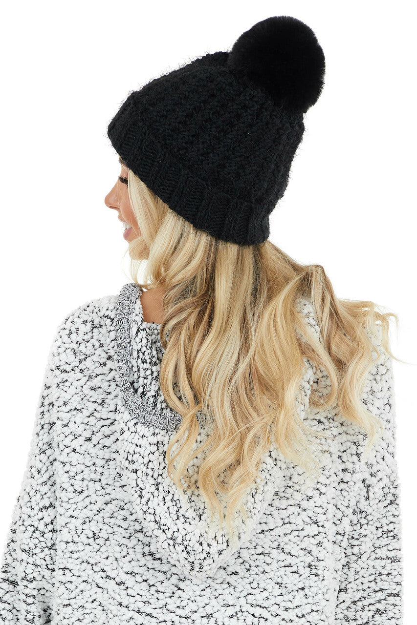 Black Chunky Soft Knit Beanie with Fuzzy Pom Pom Detail