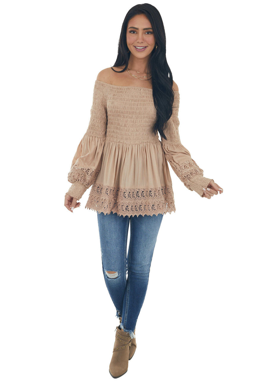 Latte Smocked Off Shoulder Babydoll Lace Top