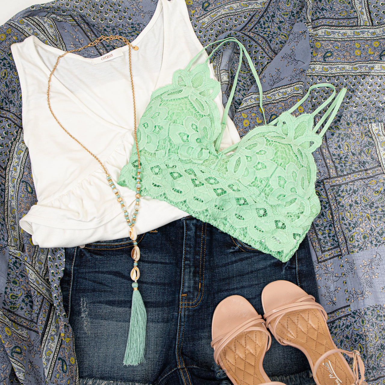 Pistachio Floral Lace Bralette with Criss Cross Straps 