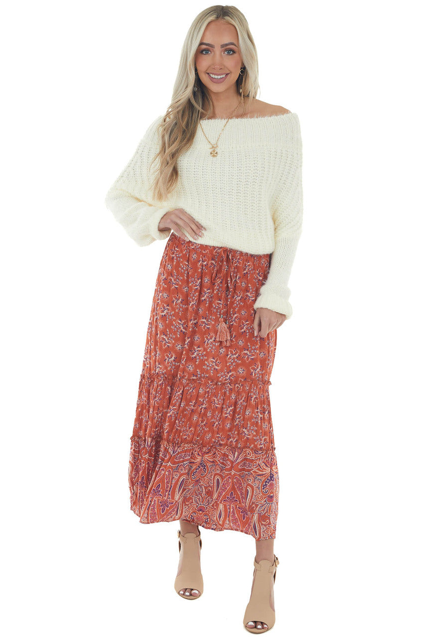 Burnt Orange Floral Smocked Waist Midi Skirt