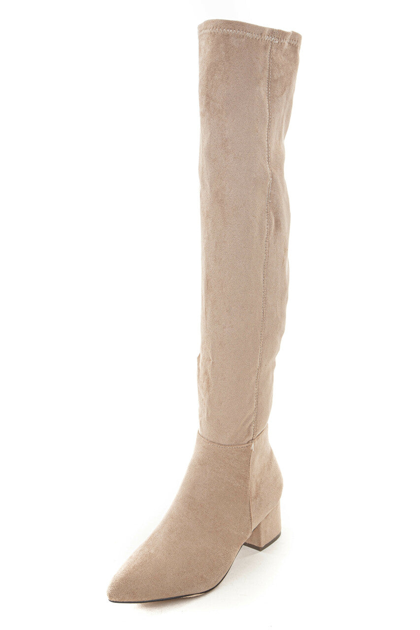 Champagne Faux Suede Knee High Chunky Heel Boots