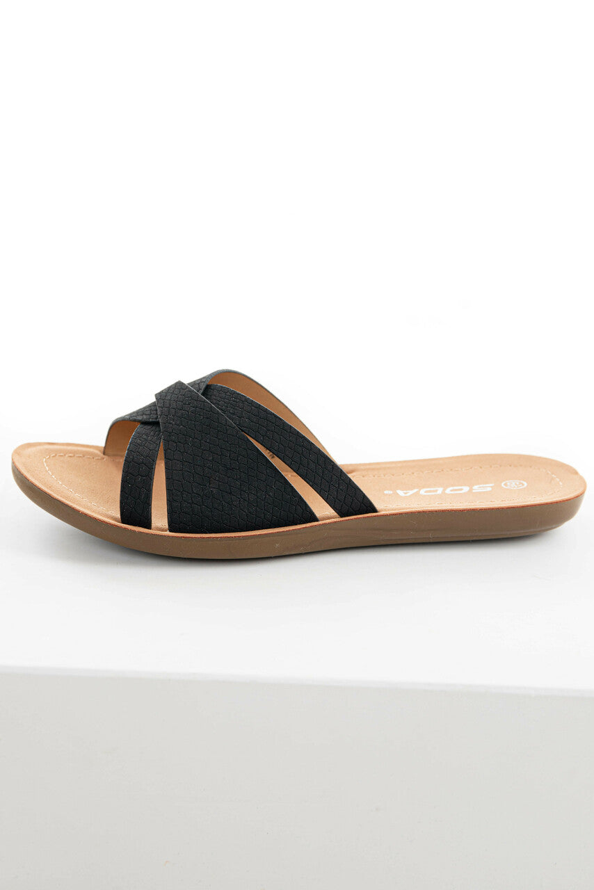 Black and Snakeskin Open Toe Flat Sandal
