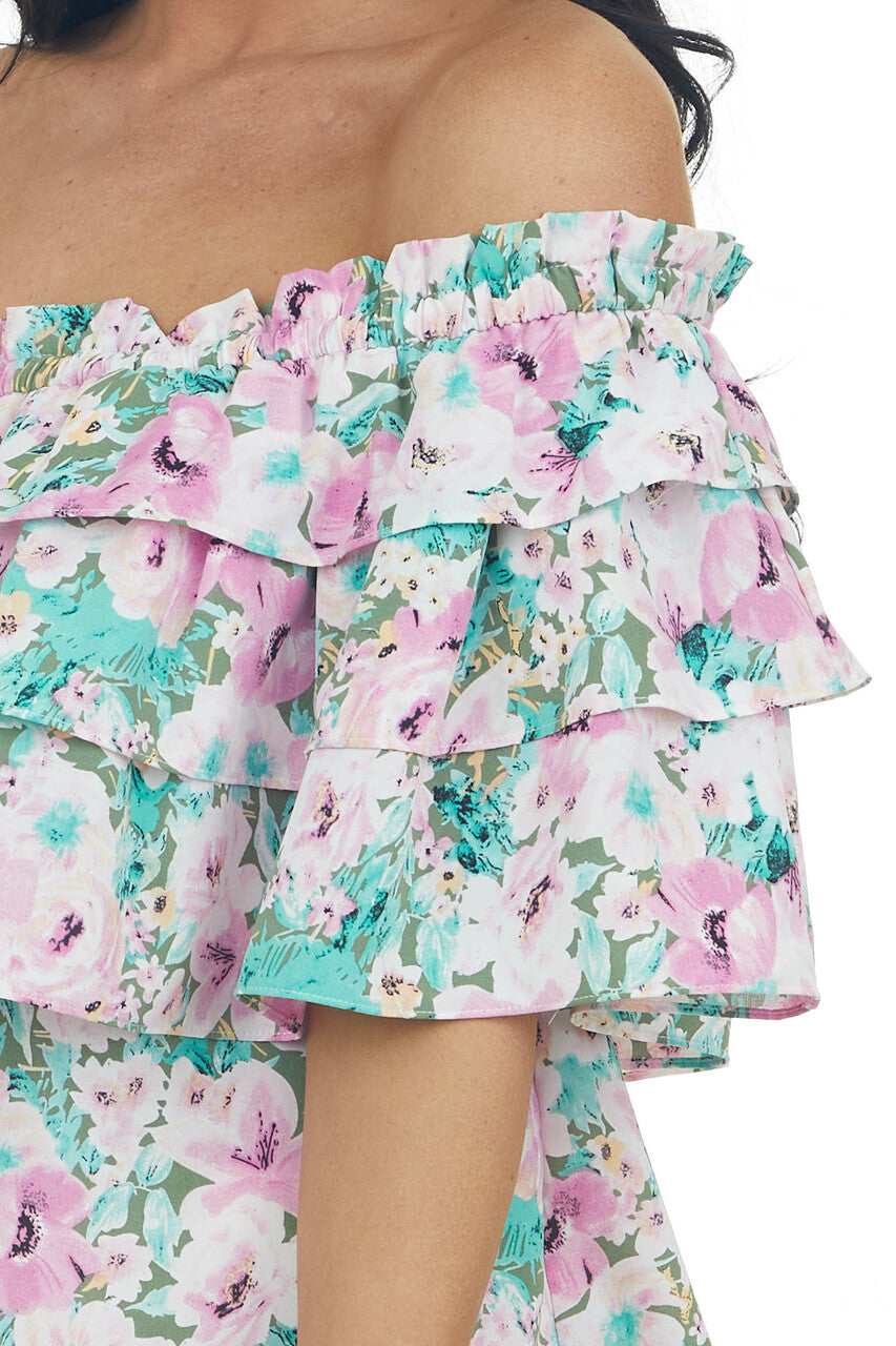 Aquamarine Floral Off Shoulder Overlay Blouse 