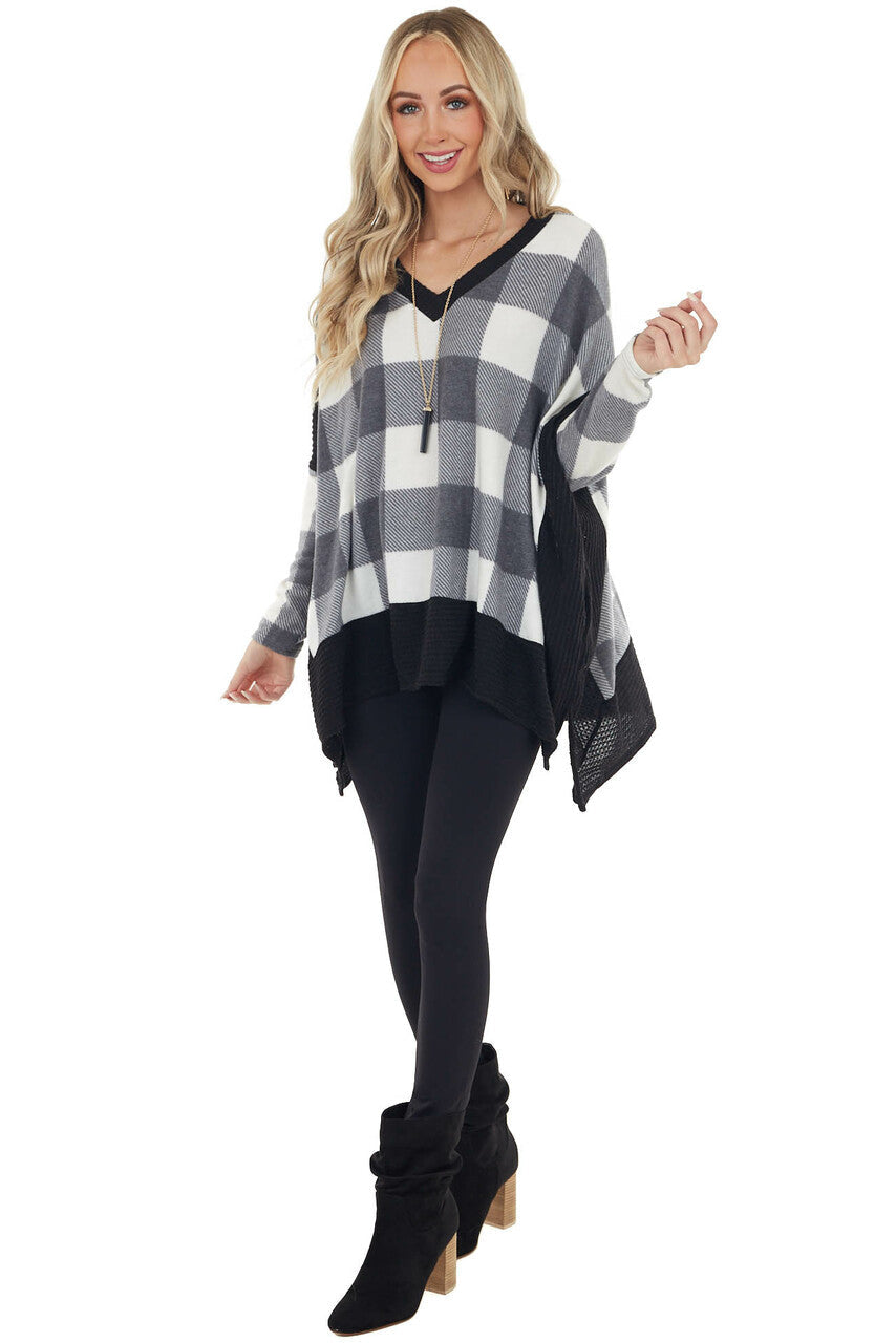 Charcoal Buffalo Plaid Oversized Dolman Sleeve Knit Top 