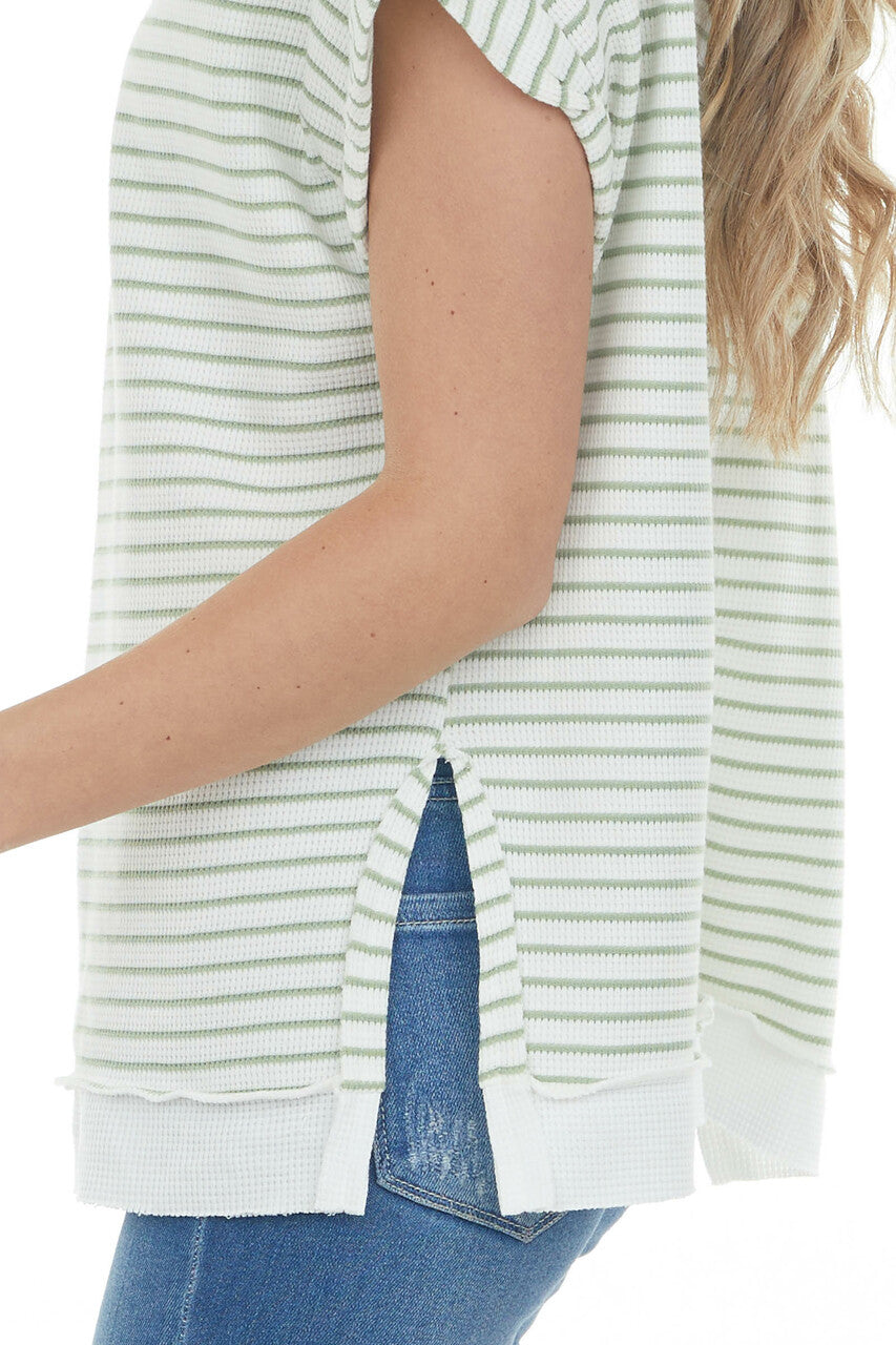 Sage and Ivory Striped V Neck Waffle Knit Top 