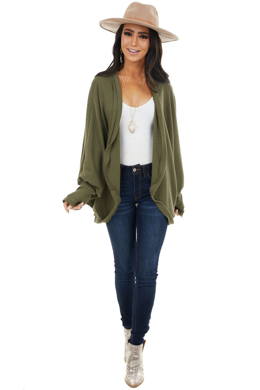 Olive Waffle Knit Open Front Cardigan with Dolman Sleeves