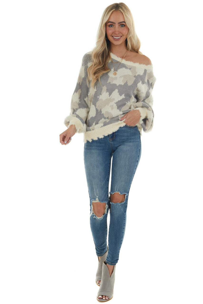 Cream and Slate Grey Abstract Print Fuzzy Sweater