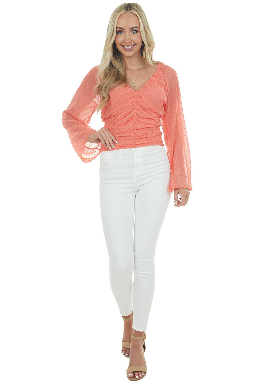 Vivid Coral Swiss Dot Ruched Cropped Blouse