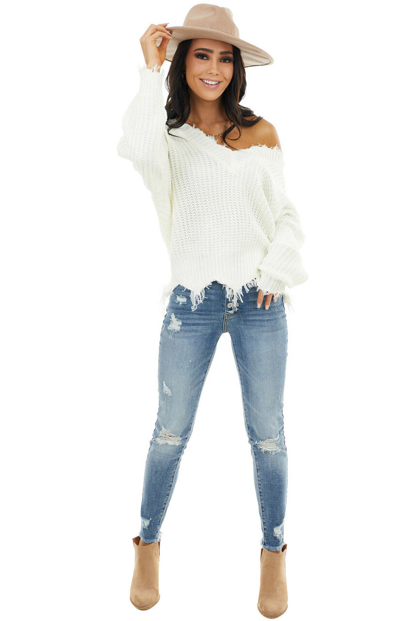 Ivory V Neck Sweater with Distressed Detail