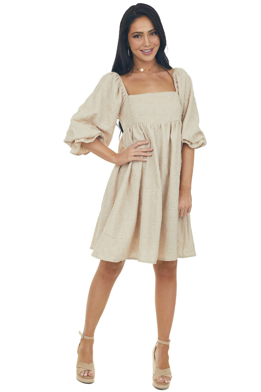 Beige Textured Woven Babydoll Short Dress